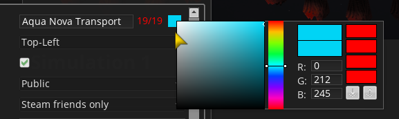 TruckersMP tag and colour picker set to Aqua Nova Transport and R 0, G 212, B 245